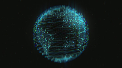 Abstract futuristic world on dark background with connecting dots and lines. Holgram display