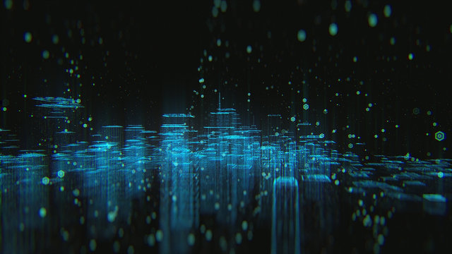 Abstract futuristic city hologram dark background with connecting dots and lines. 3d render © muratefe