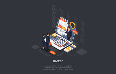 Isometric Broker Concept. Securities and Cryptocurrency Broker Makes An Investment Offer to Business people. Vector Illustration