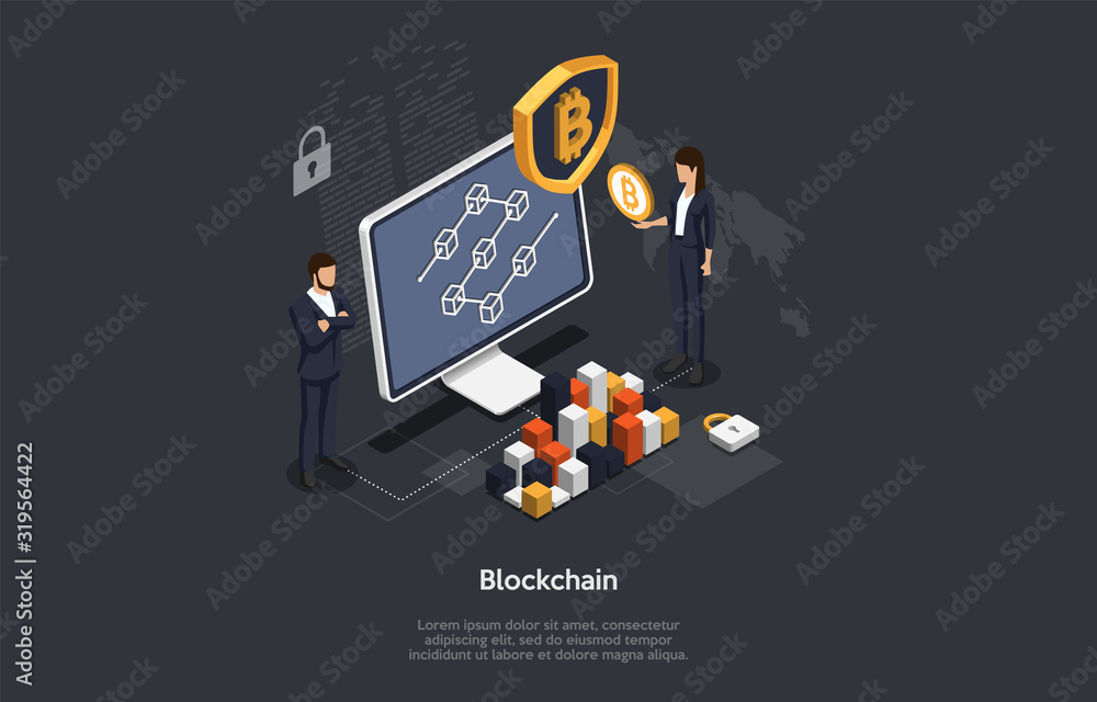 Poster isometric blockchain and cryptocurrency concept. business people are analysing and monitoring the bl