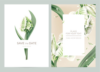 Green tulips on a white and pink background. Wedding invitation card in the botanical style. Vector template for the invitation, shop, beauty salon, spa.	