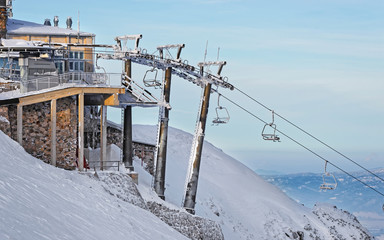 Chair lifts on top of Kasprowy Wierch in Zakopane in winter. Zakopane is a town in Poland in Tatra...