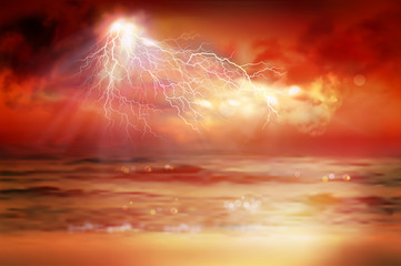 Thunderstorm over the sea. Sunset. Empty sandy beach in summer. Waves on the seashore. Abstract vector illustration.