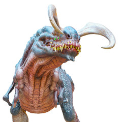 alien dinosaur standing up in a white background close up