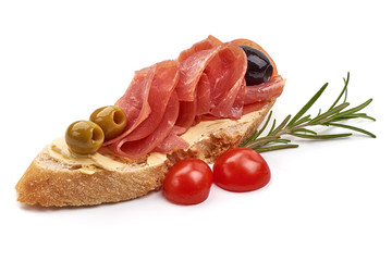 Smoked jamon sandwich, isolated on white background