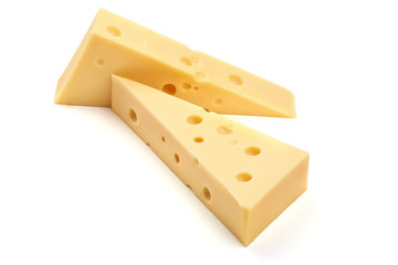 Emmental cheese triangle, isolated on white background
