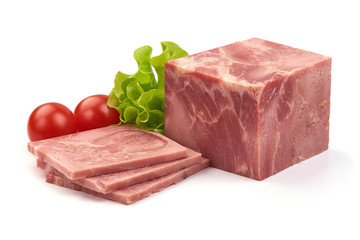 Boiled ham sausage, marble cube, isolated on white background
