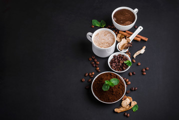 Obraz na płótnie Canvas Mushroom Chaga Coffee Superfood Trend-dry and fresh mushrooms and coffee beans on dark background with mint. Coffee break