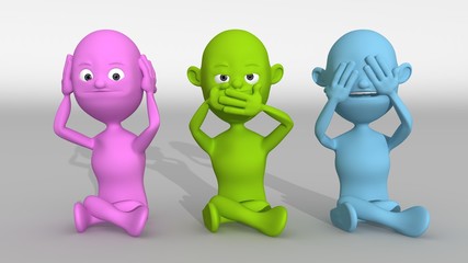 Obraz premium Colored 3D characters represent the wise monkeys who do not hear, do not see and do not listen