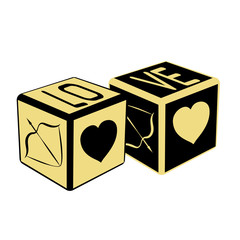 dices for valentines day with black and gold heart and the inscription Love on a white background