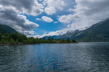 Norway fiord Ullensvang village - part of Hardanger Fjord called Sorfjord. Morning view. July 2019