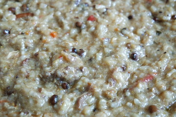 A close up view of Cooked white rice called Kichra