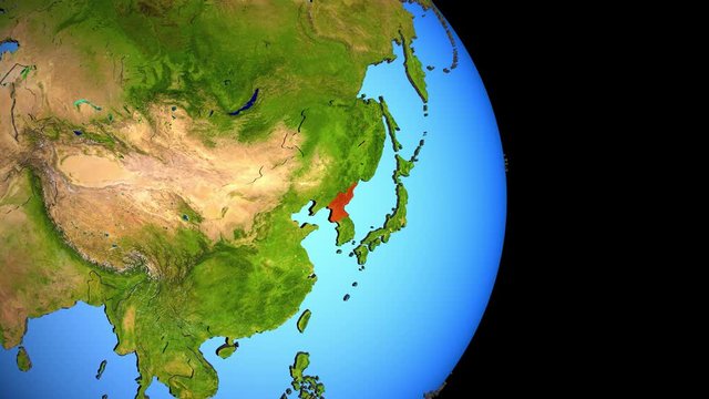 Closing in on North Korea on political 3D globe with topography. 3D illustration.