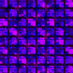 Volumetric design of pink intersecting squares and violet blocks.