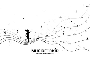 Vector silhouette of girl running with dancing flow shape music note . Concept background music for kid and children.