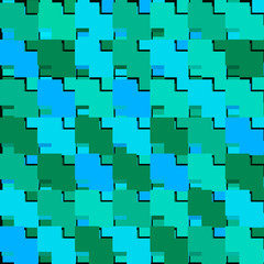 Fluttering mosaic of light blue intersecting squares and green blocks.