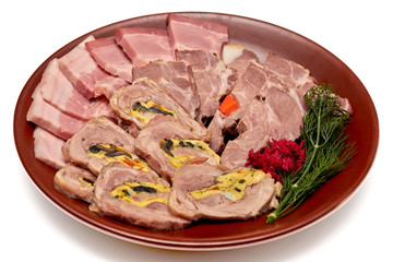 slicing meat pork roll carrots assorted beetroot horseradish dill clay plate white background
