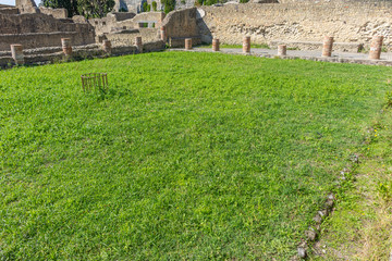 Naples, Herculaneum,  archaeological area, view of the remains of the ancient city buried by the eruption of the Vesuvius volcano in 79. Villa with columns   
