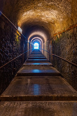 Naples, Herculaneum,  archaeological area, view of the remains of the ancient city buried by the eruption of the Vesuvius volcano in 79. Exit tunnel from the archaeological area.