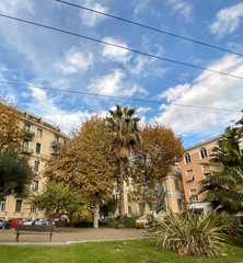 Fototapeta na wymiar Small park in central Sanremo Italy with blue sky with some scattered clouds and tall palm tree