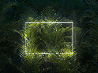 Minimal nature concept. Creative layout made of tropical leaves with neon frame. Flat lay. - obrazy, fototapety, plakaty