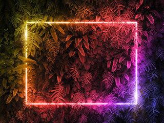 Minimal nature concept. Creative layout made of tropical leaves with colorful neon frame. Flat lay.