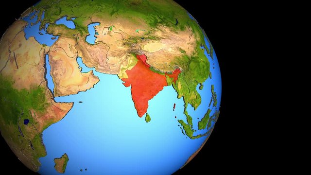 Closing in on India on political 3D globe with topography. 3D illustration.