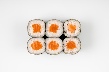  rolls with fish top view on a white background for the menu