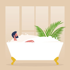 Young male character washing in a clawfoot vintage bathtub full of soap foam, relaxation and body treatment