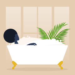 Young black female character washing in a clawfoot vintage bathtub full of soap foam, relaxation and body treatment