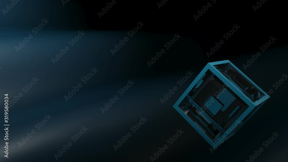 Poster a cube having blue structure and transparent glass faces is rotating over a dark blue waving surface