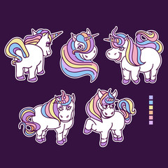 Set of Colored cute unicorns.Sketch illustration of unicorn sticker isolated on dark background. Cute happy character. Vector eps 10 format