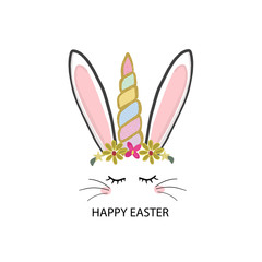 Cute Easter bunny unicorn vector. Happy Easter greeting card
