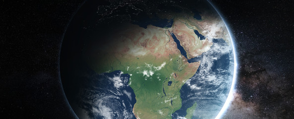 3D rendering of the planet Earth on a starry background. Map of Africa from space.