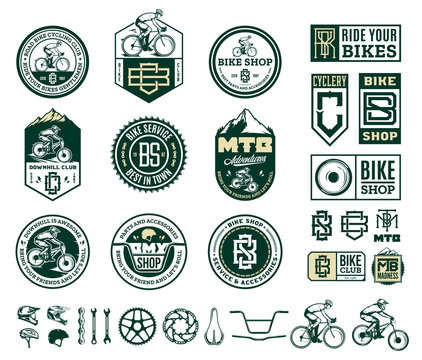 Vector bike shop, club, bicycle service, mountain and road biking badges, icons and design elements