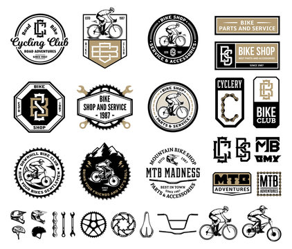 Vector bike shop, club, bicycle service, mountain and road biking badges, icons and design elements