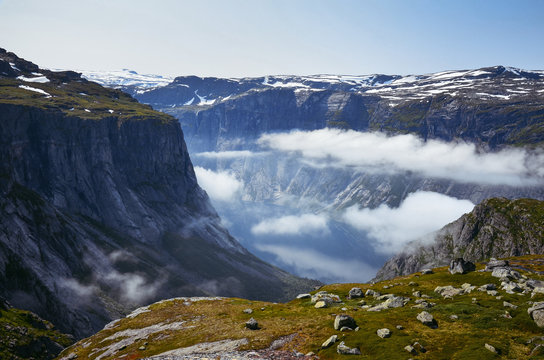 Goffy landscape view during the hike route to famous Trolltunga in Norway.