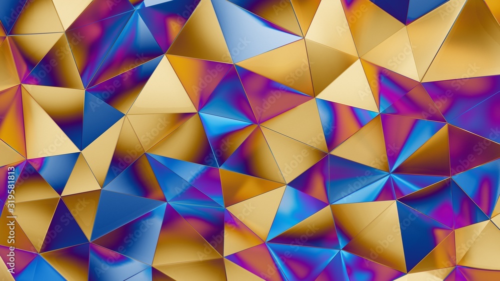 Poster abstract 3d rendering of multi colored golden blue surface. futuristic background with lines and low