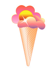 Ice cream - horn vector full color picture. Ice cream - clouds at sunset. Dessert - sunset in a waffle cone. Allegory, surrealism. Ice cream and sunset with clouds in one picture.