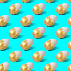 Golden eggs blue background Trendy Easter seamless pattern texture