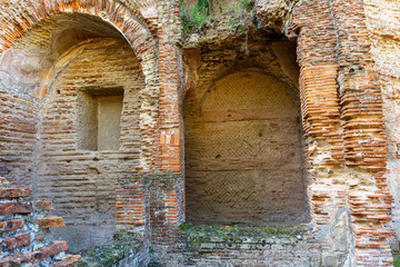 Italy, Naples, Baia, view and details of the archaeological area specialized in the spa treatments of the ancient Romans.