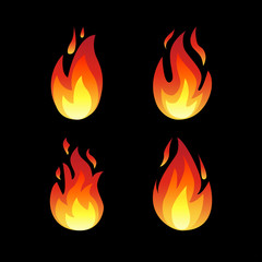 Set of fire flame icons isolated on a black background.