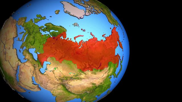 Closing in on Russia on political 3D globe with topography. 3D illustration.