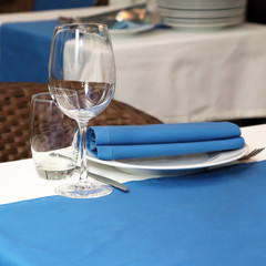 serving banquet table in a restaurant in blue and white style