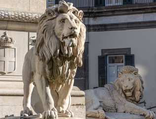 Italy, Naples, Square of Martyrs, detail of the monument to war dead lion statue