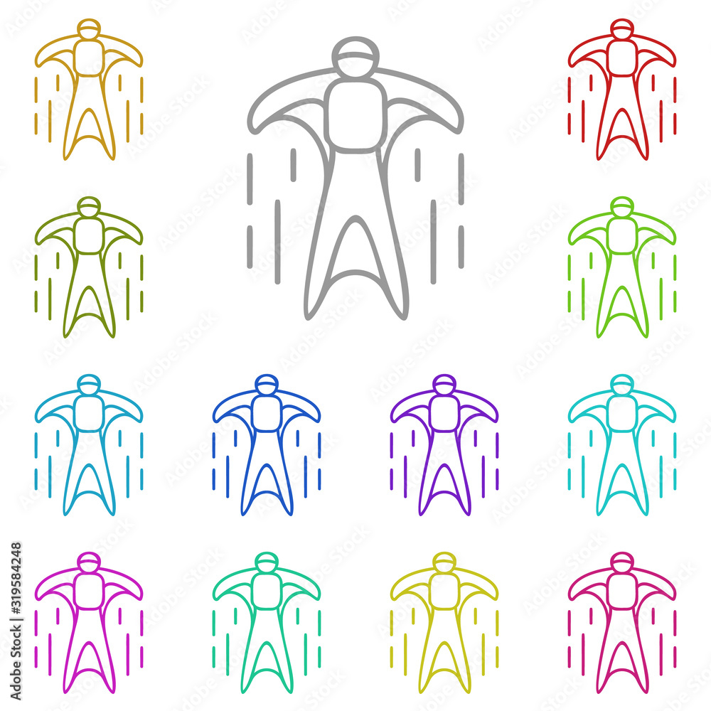 Poster wingsuit multi color icon. simple thin line, outline vector of adventure for ui and ux, website or m