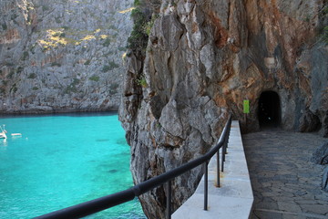 Tunel for pedestrian in bay of Port de Sa Calobra, Mallorca, Spain