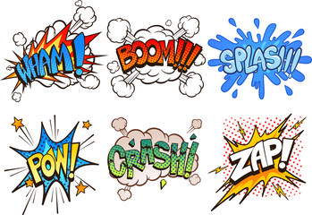 Comic book retro sound effects. Vector cartoon clip art illustration with simple gradients. Each on a separate layer.