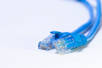 Blue ethernet cables for internet connection on white, isolated background.