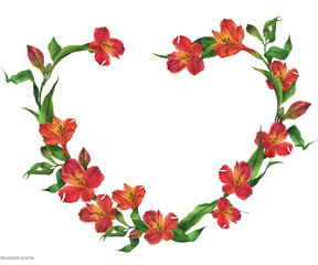 Romantic heart shape wreath with red flowers